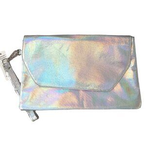 NoBo Silver Envelope Clutch Bag Wrist Strap Double Gusset Flap Party Purse